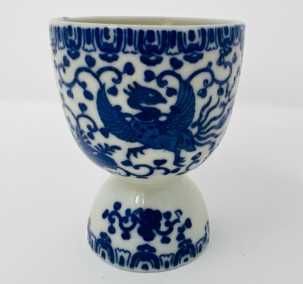 Japanese‎ Noritake Chinoiserie Phoenix Blue Bird Double Egg Cup Cobalt Blue